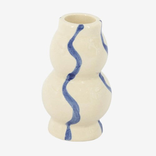 Kerzenständer aus Steingut mit blauen Linien